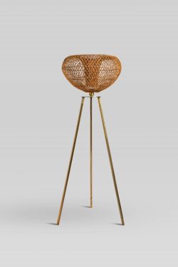 Rattan and iron standing lamp