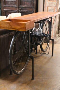 Iron cycle console table with wooden top